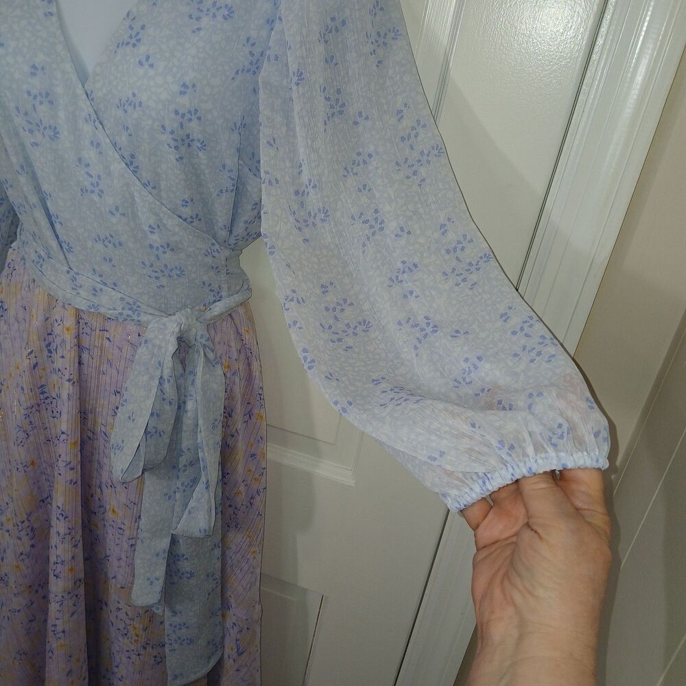 Ann Taylor Petite 6P Floral Wrap Midi Dress Blue Purple Metallic Stripe Tiered - Picture 6 of 14